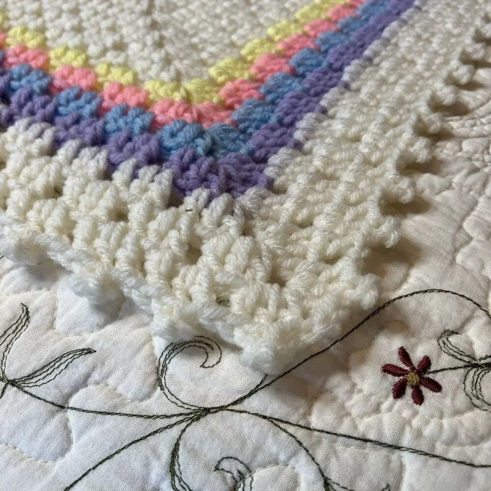 Vtg Handmade Crochet Granny Blanket Afghan Baby Spring Pastel 3D Roses Flowers